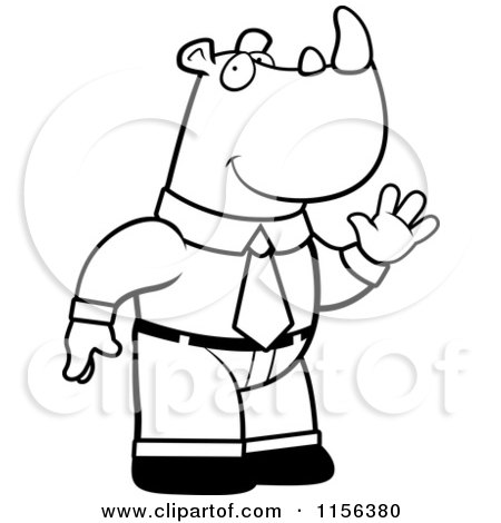 Cartoon Clipart Of A Black And White Business Rhino Standing and Waving - Vector Outlined Coloring Page by Cory Thoman