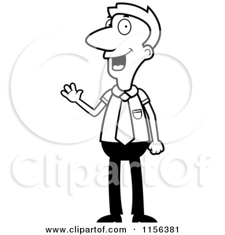 Cartoon Clipart Of A Black And White Businessman Smiling and Waving - Vector Outlined Coloring Page by Cory Thoman