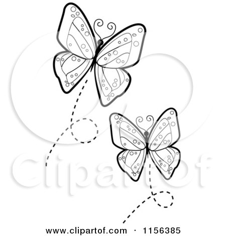 Cartoon Clipart Of Black And White Flying Butterflies - Vector Outlined Coloring Page by Cory Thoman