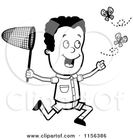 Cartoon Clipart Of A Black And White Black Boy Chasing Two Butterflies with a Net - Vector Outlined Coloring Page by Cory Thoman