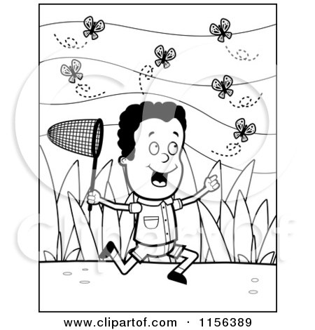 Cartoon Clipart Of A Black And White Black Boy Chasing Butterflies with a Net - Vector Outlined Coloring Page by Cory Thoman