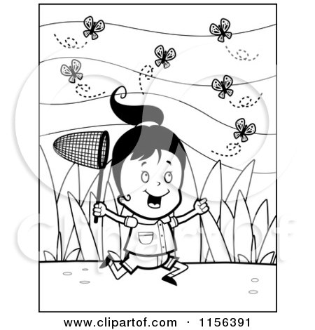 Cartoon Clipart Of A Black And White Energetic Little Girl Character Running and Catching Butterflies Outdoors - Vector Outlined Coloring Page by Cory Thoman
