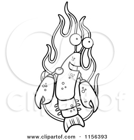 Cartoon Clipart Of A Black And White Hot Lobster over Flames - Vector Outlined Coloring Page by Cory Thoman