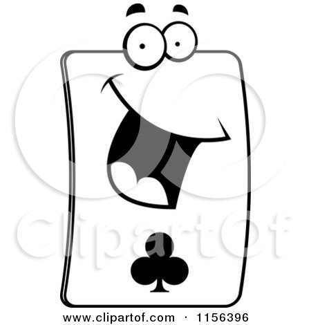 Cartoon Clipart Of A Black And White Happy Card of Clubs Face - Vector Outlined Coloring Page by Cory Thoman