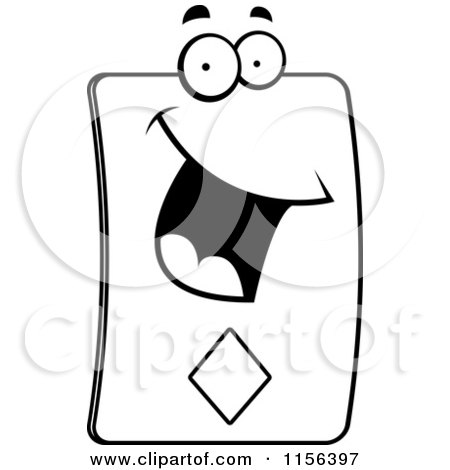 Cartoon Clipart Of A Black And White Happy Card of Diamonds Face - Vector Outlined Coloring Page by Cory Thoman