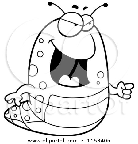Cartoon Clipart Of A Black And White Fat Caterpillar Pointing - Vector Outlined Coloring Page by Cory Thoman