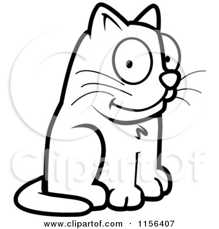 Cartoon Clipart Of A Black And White Happy Sitting Cat - Vector Outlined Coloring Page by Cory Thoman