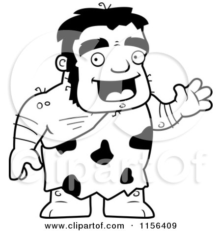 Cartoon Clipart Of A Black And White Stalky Caveman Character Waving - Vector Outlined Coloring Page by Cory Thoman