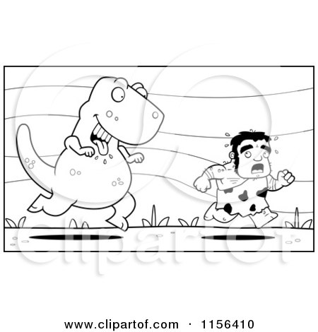 Cartoon Clipart Of A Black And White Stalky Caveman Character Being Chased by a Big Dinosaur - Vector Outlined Coloring Page by Cory Thoman