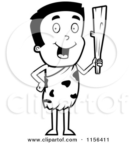 Cartoon Clipart Of A Black And White Young Caveman Holding up a Club - Vector Outlined Coloring Page by Cory Thoman