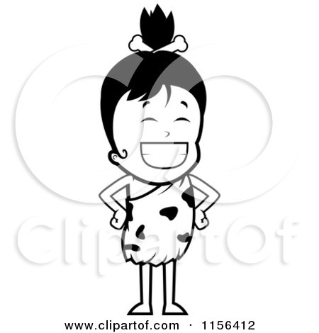 Cartoon Clipart Of A Black And White Young Cavewoman Smiling - Vector Outlined Coloring Page by Cory Thoman