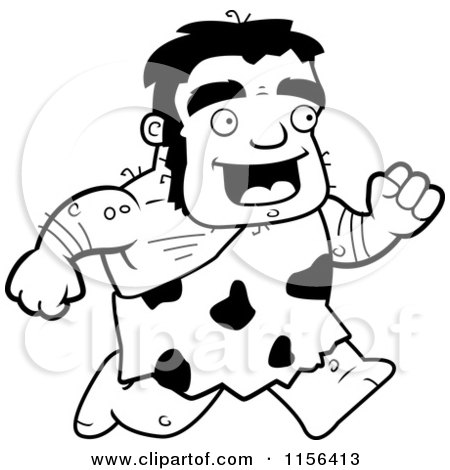 Cartoon Clipart Of A Black And White Stalky Caveman Character on the Run - Vector Outlined Coloring Page by Cory Thoman
