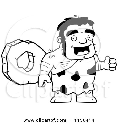 Cartoon Clipart Of A Black And White Stalky Caveman Character Standing by a Rock Wheel - Vector Outlined Coloring Page by Cory Thoman