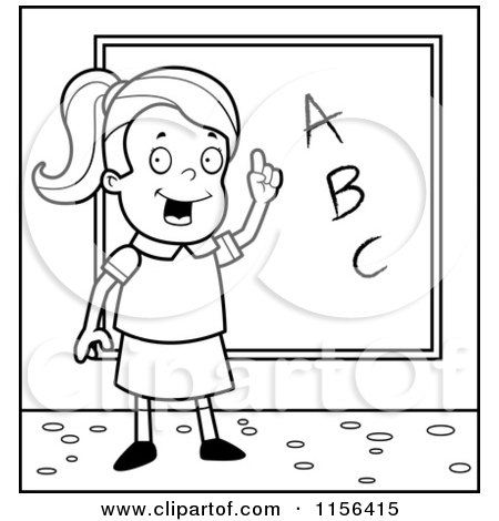 Cartoon Clipart Of A Black And White Smart School Girl with ABCs on a Chalk Board - Vector Outlined Coloring Page by Cory Thoman