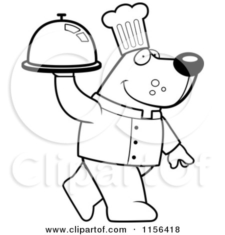 Cartoon Clipart Of A Black And White Chef Bear Walking and Carrying a Platter - Vector Outlined Coloring Page by Cory Thoman