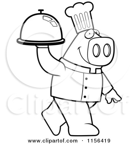 Cartoon Clipart Of A Black And White Pig Chef Carrying a Platter - Vector Outlined Coloring Page by Cory Thoman
