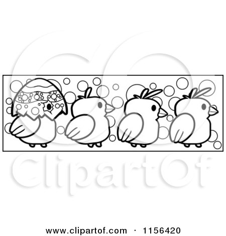 Cartoon Clipart Of A Black And White Border of Chicks and a Half Egg Shell - Vector Outlined Coloring Page by Cory Thoman