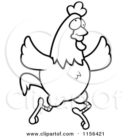 Cartoon Clipart Of A Black And White Crazy Chicken Running and Flapping Its Wings - Vector Outlined Coloring Page by Cory Thoman