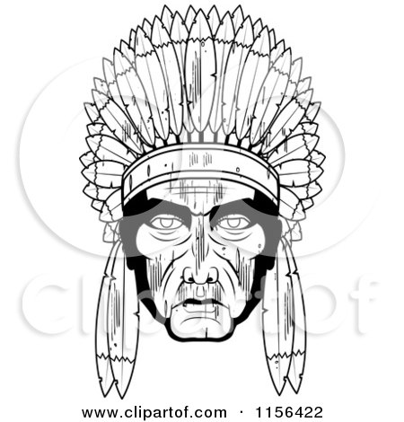 Cartoon Clipart Of A Black And White Native American Chief - Vector Outlined Coloring Page by Cory Thoman