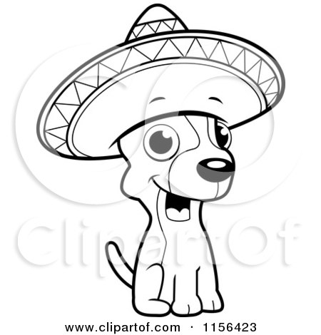 Cartoon Clipart Of A Black And White Chihuahua Sitting and Wearing a Sombrero - Vector Outlined Coloring Page by Cory Thoman