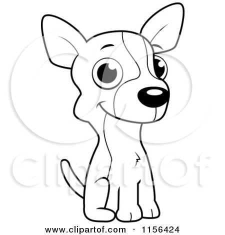 Cartoon Clipart Of A Black And White Cute Little Chihuahua Puppy Sitting - Vector Outlined Coloring Page by Cory Thoman