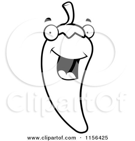 Cartoon Clipart Of A Black And White Happy Chili Pepper - Vector Outlined Coloring Page by Cory Thoman