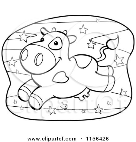 Cartoon Clipart Of A Black And White Leaping Cow over the Stars - Vector Outlined Coloring Page by Cory Thoman