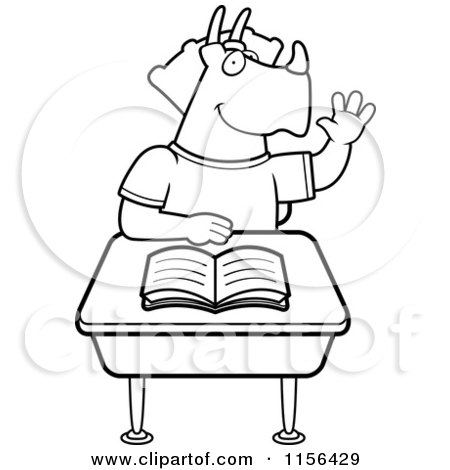 Cartoon Clipart Of A Black And White Student Triceratops Raising His Hand in Class - Vector Outlined Coloring Page by Cory Thoman