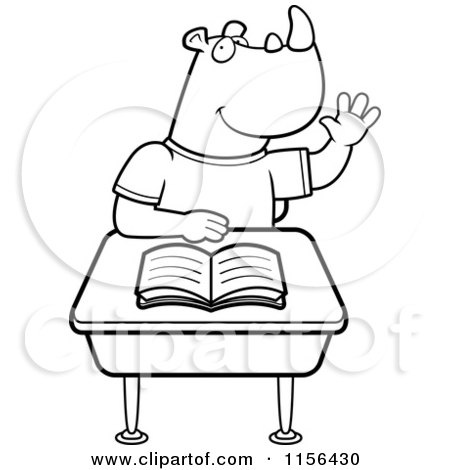 Cartoon Clipart Of A Black And White Smart Rhino Student Raising His Hand - Vector Outlined Coloring Page by Cory Thoman