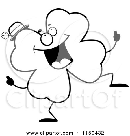 Cartoon Clipart Of A Black And White Shamrock Clover Character Doing a Happy Dance - Vector Outlined Coloring Page by Cory Thoman