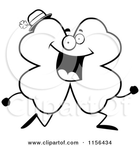 Cartoon Clipart Of A Black And White Shamrock Clover Character Running - Vector Outlined Coloring Page by Cory Thoman