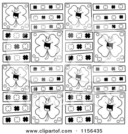 Cartoon Clipart Of A Black And White Background Pattern of Clovers and Happy Shamrocks - Vector Outlined Coloring Page by Cory Thoman