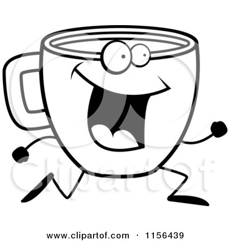 Cartoon Clipart Of A Black And White Happy Running Coffee Cup Character - Vector Outlined Coloring Page by Cory Thoman