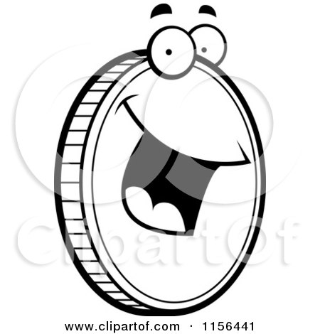 Cartoon Clipart Of A Black And White Happy Golden Coin Smiling - Vector Outlined Coloring Page by Cory Thoman