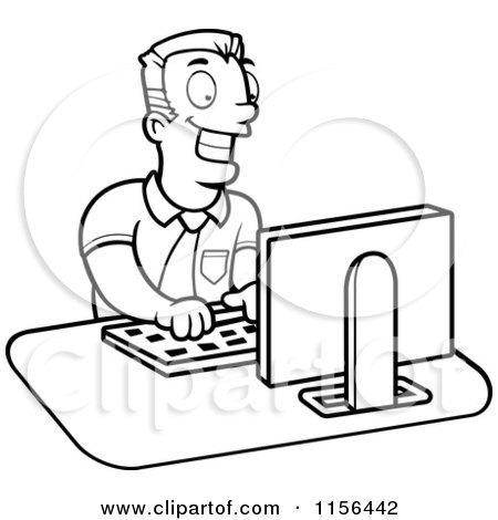 Cartoon Clipart Of A Black And White Businessman Working on a Computer - Vector Outlined Coloring Page by Cory Thoman