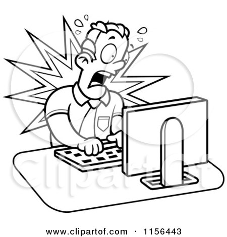 Cartoon Clipart Of A Black And White Mad Businessman Working on a Computer - Vector Outlined Coloring Page by Cory Thoman