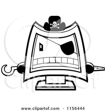 Cartoon Clipart Of A Black And White Computer Pirate Wearing a Hat, Eye Patch and Holding out Peg and Hook Hands - Vector Outlined Coloring Page by Cory Thoman