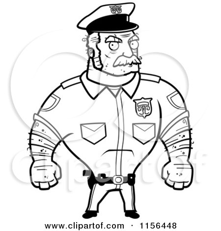 Cartoon Clipart Of A Black And White Strong and Tough Male Cop - Vector Outlined Coloring Page by Cory Thoman