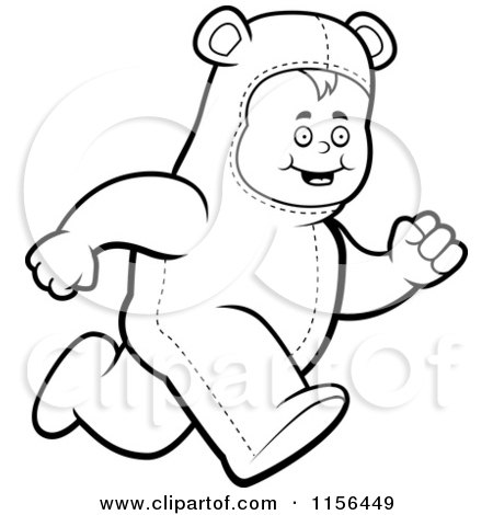 Cartoon Clipart Of A Black And White Kid Running In A Bear Costume - Vector Outlined Coloring Page by Cory Thoman