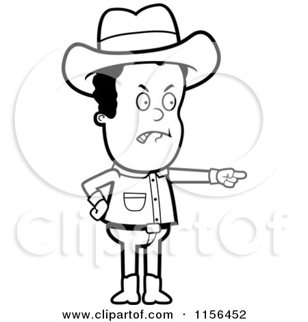 Cartoon Clipart Of A Black And White Mad Black Cowboy Pointing - Vector Outlined Coloring Page by Cory Thoman