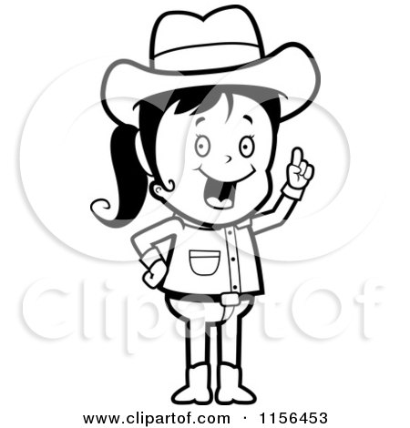 Cartoon Clipart Of A Black And White Cowgirl with an Idea - Vector Outlined Coloring Page by Cory Thoman