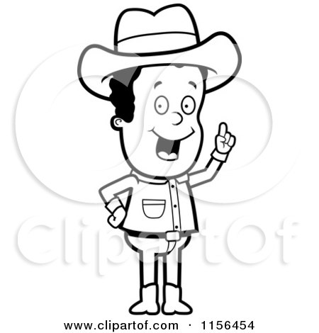 Cartoon Clipart Of A Black And White Black Cowboy with an Idea - Vector Outlined Coloring Page by Cory Thoman