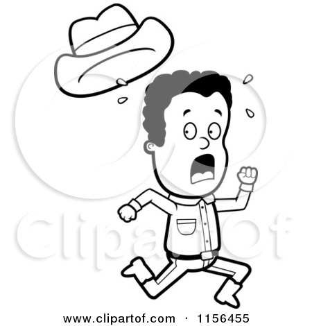 Cartoon Clipart Of A Black And White Black Cowboy Running Scared - Vector Outlined Coloring Page by Cory Thoman