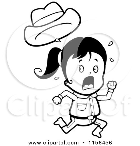 Cartoon Clipart Of A Black And White Running Little Cowgirl - Vector Outlined Coloring Page by Cory Thoman