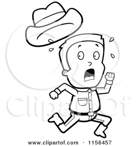 Cartoon Clipart Of A Black And White Sweaty Caucasian Cowboy Boy Character Running - Vector Outlined Coloring Page by Cory Thoman