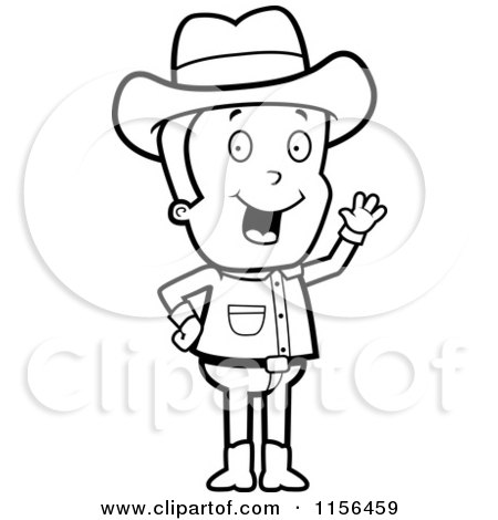 Cartoon Clipart Of A Black And White Friendly Cowboy Waving - Vector Outlined Coloring Page by Cory Thoman