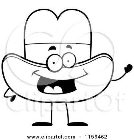 Cartoon Clipart Of A Black And White Cowboy Hat Waving - Vector Outlined Coloring Page by Cory Thoman