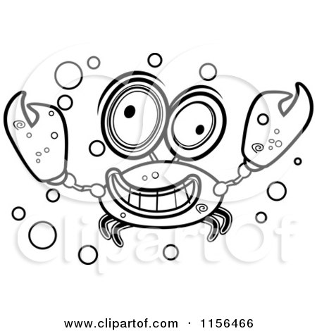 Cartoon Clipart Of A Black And White Happy Crab in Water - Vector Outlined Coloring Page by Cory Thoman