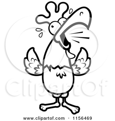 Cartoon Clipart Of A Black And White Crowing Rooster Sweating - Vector Outlined Coloring Page by Cory Thoman