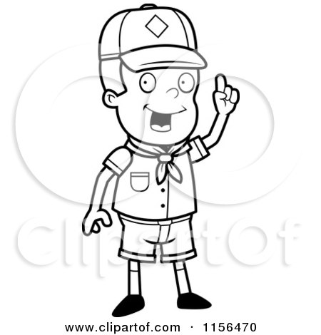 Cartoon Clipart Of A Black And White Cub Scout Boy with an Idea - Vector Outlined Coloring Page by Cory Thoman